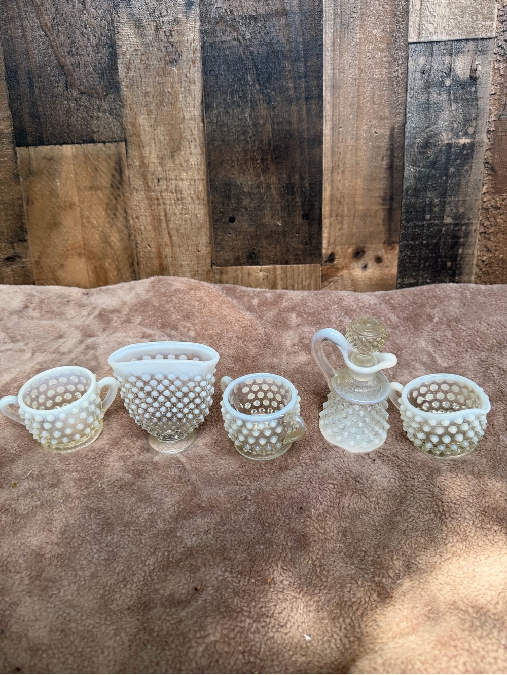 Fenton Hobnail Opalescent Glass Creamer & Sugar Set, cruet, 5-Piece